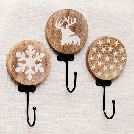 Brown Wooden Christmas Theme Wall Hooks For Kids - Pack of 3